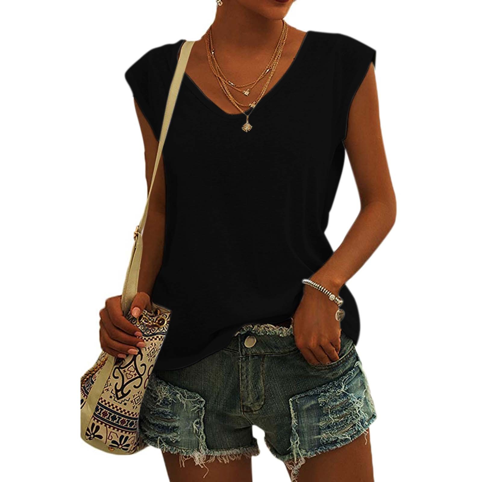 thumbnail image 3 of Camiseta básica de verano para mujer, holgada, con cuello en V y manga corta, sin mangas., 3 of 8